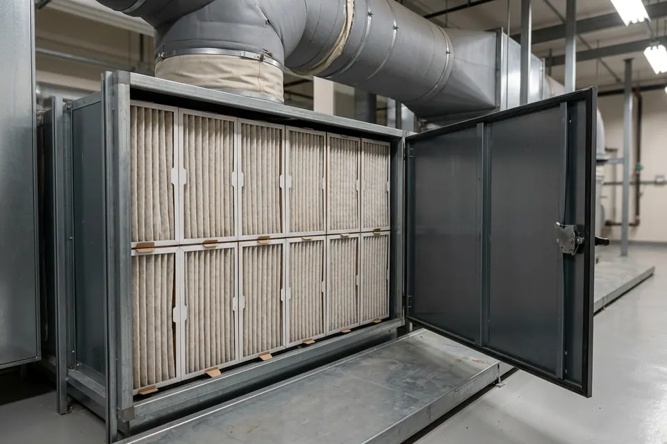 AI illustration of pleated filters inside an open commercial air-handler filter section.