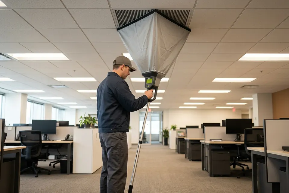 AI illustration of a technician using an airflow capture hood at an office ceiling diffuser.