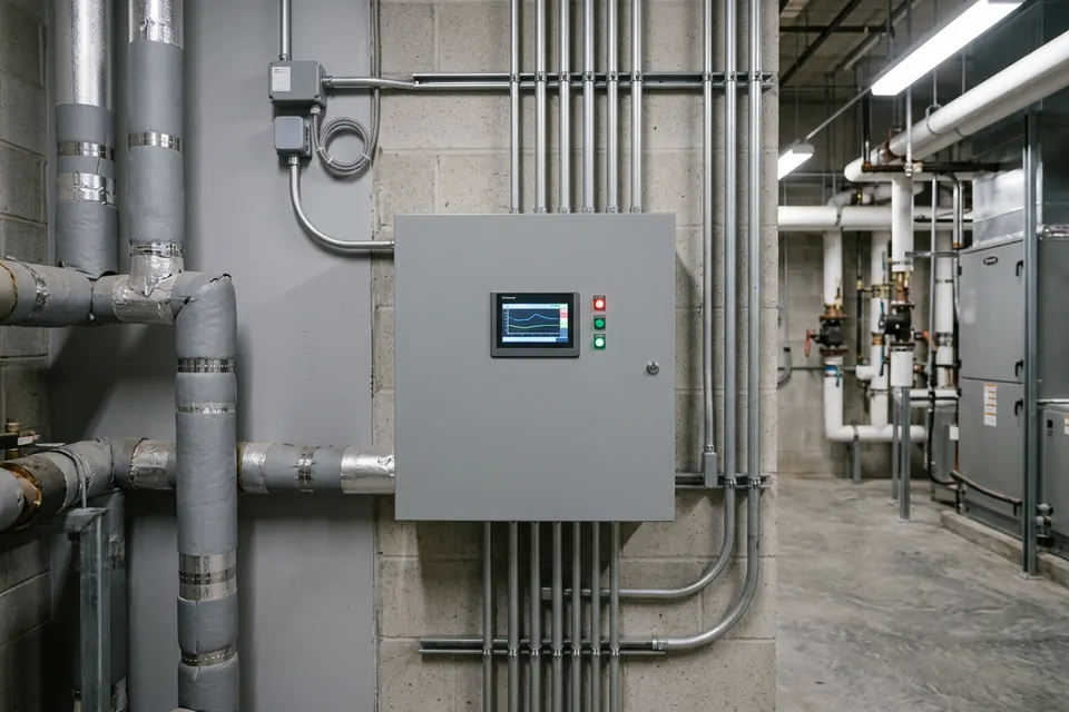 AI illustration of a building automation cabinet with a touchscreen, conduit, and nearby piping.