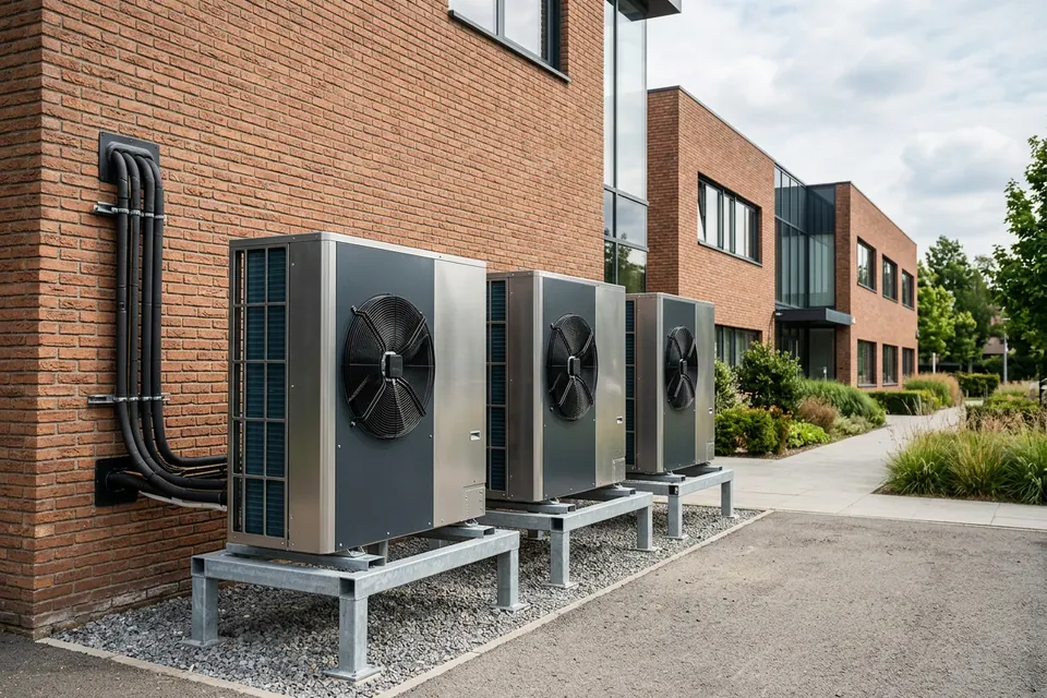 AI illustration of commercial air-source heat pump units beside a brick building.