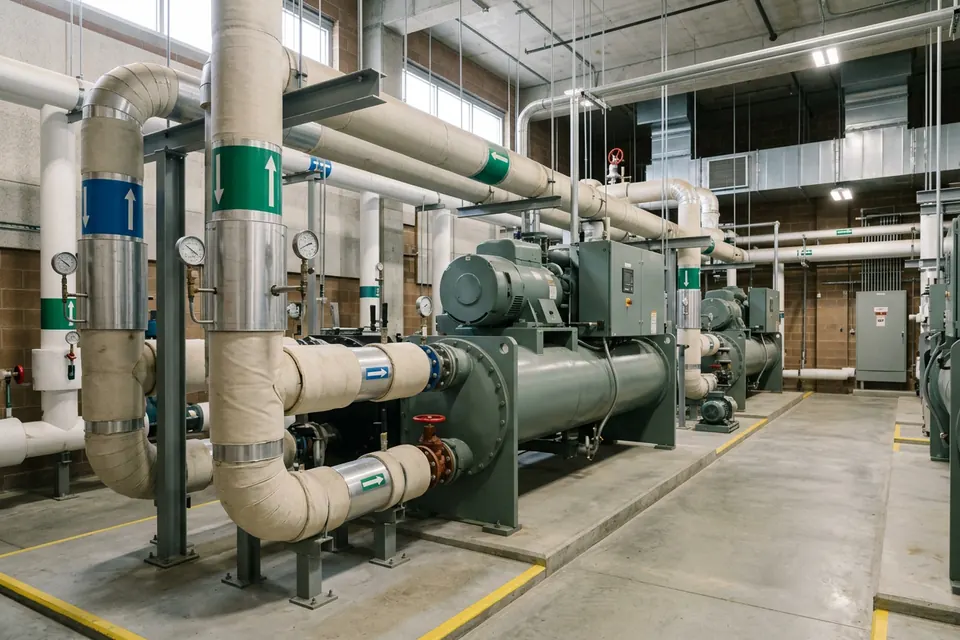 AI illustration of a commercial chiller plant with insulated pipes and a clear service aisle.