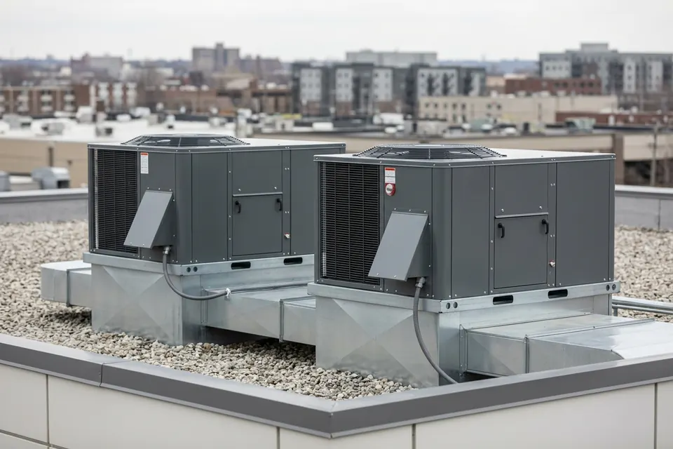 AI illustration of two packaged rooftop HVAC units with duct connections on a commercial roof.