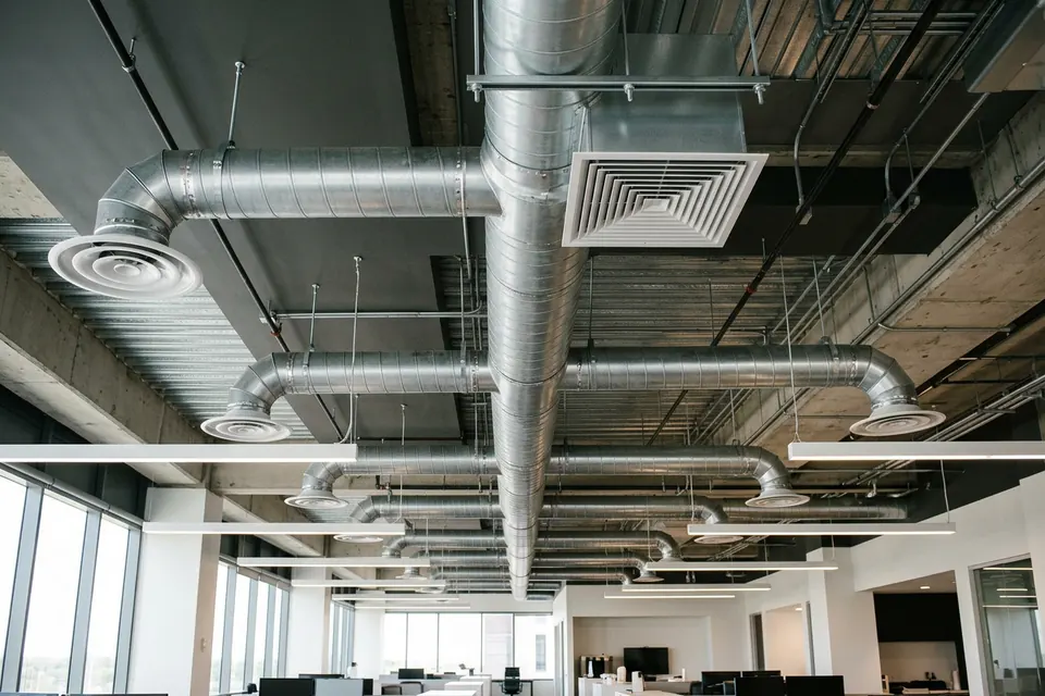 AI illustration of exposed supply ductwork and ceiling diffusers in a commercial workspace.