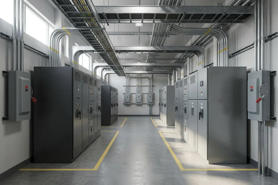AI illustration of closed electrical switchgear cabinets and overhead conduit in a service room.