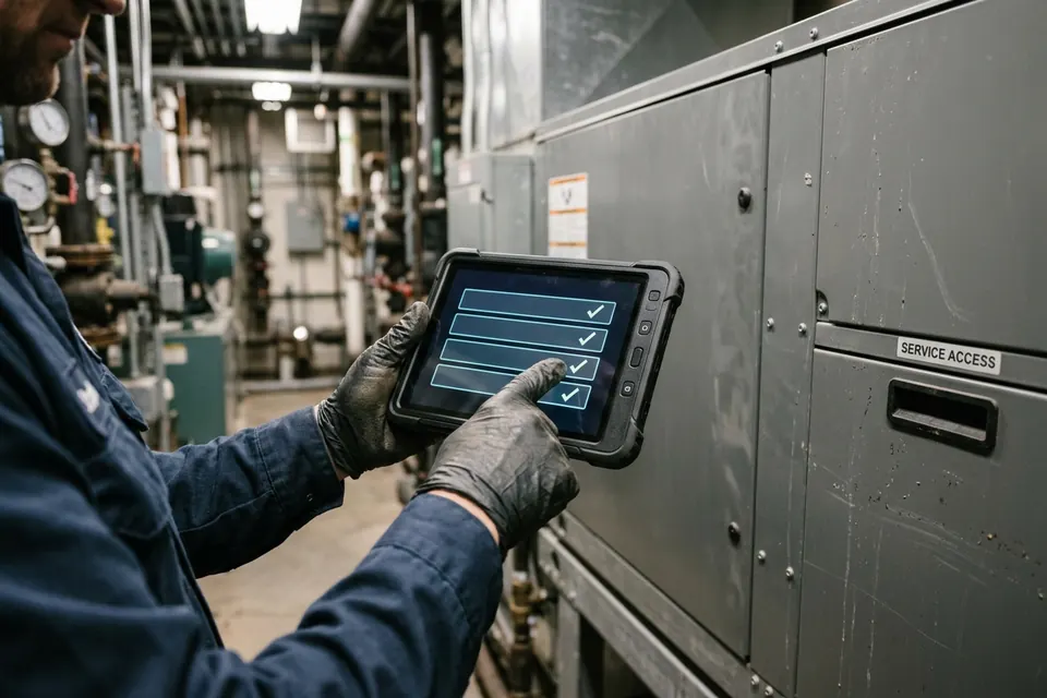 AI illustration of gloved hands reviewing a maintenance checklist on a tablet beside HVAC equipment.