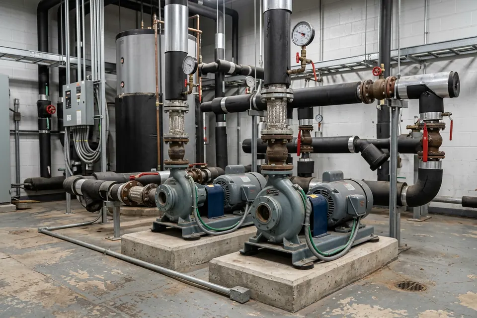 AI illustration of circulation pumps, insulated water pipes, pressure gauges, and isolation valves.